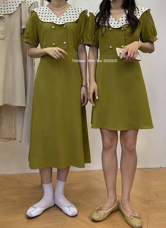 [thirteen 13] Korean color contrast wave point Lapel dress 2158# XYY