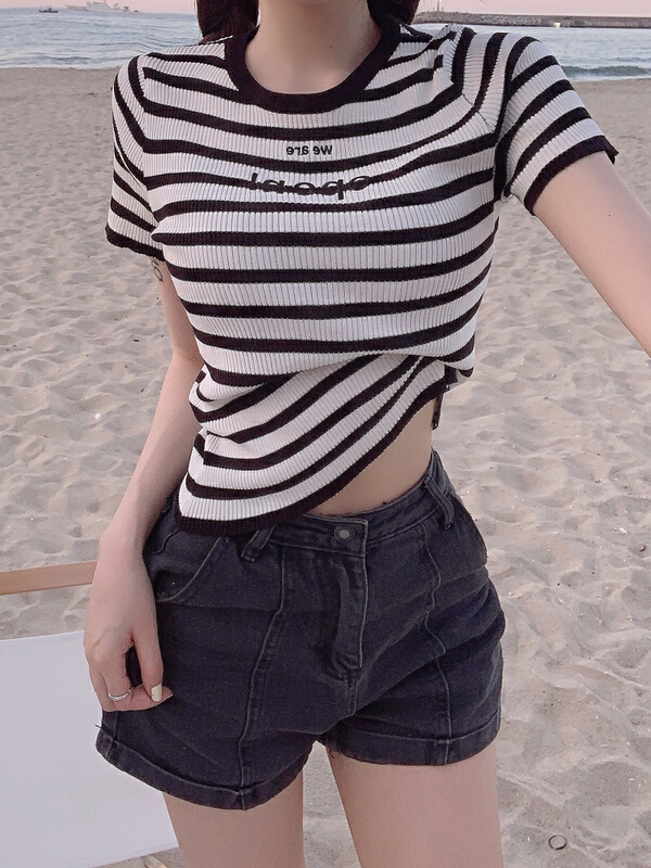 [fan fan] letter embroidered stripe blouse 5528# JJ