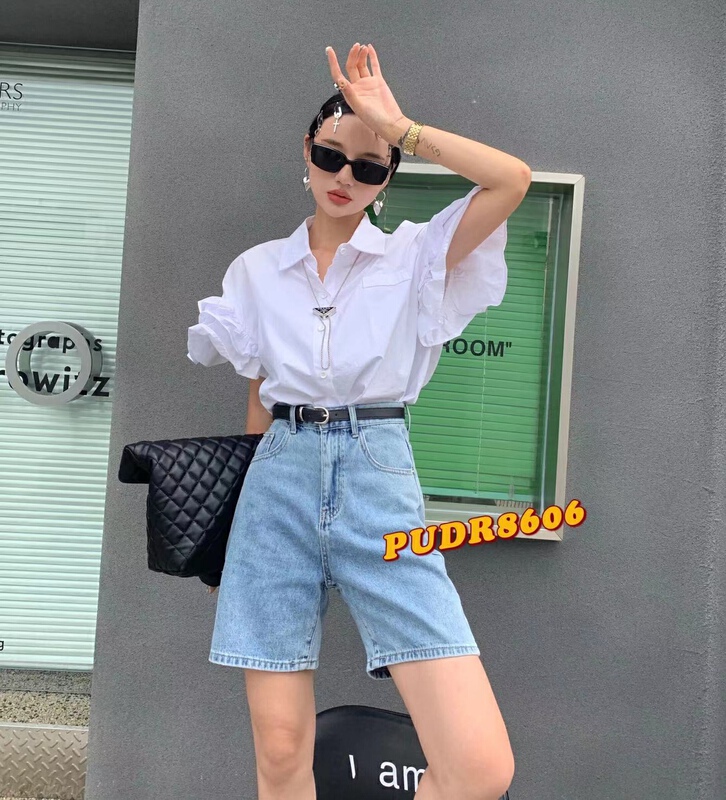 New in early summer! [pudr] Korean loose and versatile denim shorts (with belt) 8606 blue 8606-2 light blue # XJ