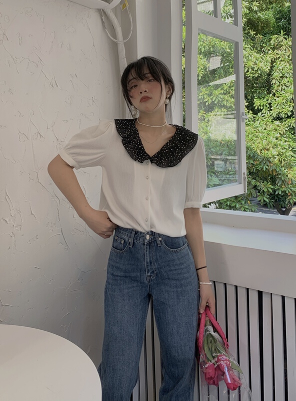 [meet + studio] loose fashion color matching shirt 52381# LSL