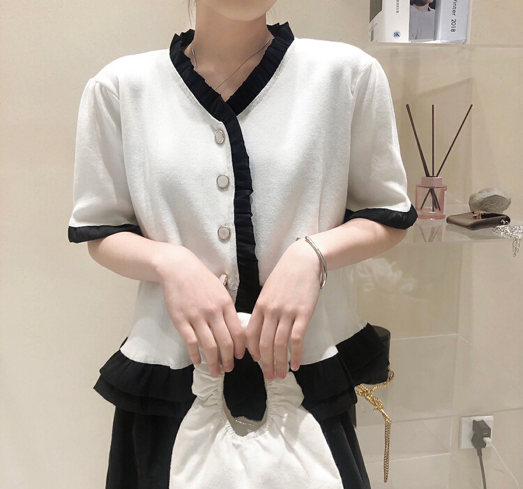 goods in stock! New in early summer! [S.J] V-neck color blocked single breasted knitted cardigan 6825# LSW