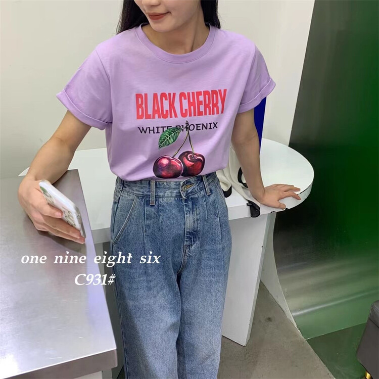 [1986] Korean round neck cherry print short sleeve T-shirt 931# XYY