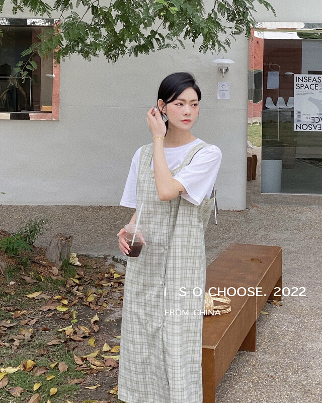 [ISO Korean] Vintage Women's literary temperament checkered vest dress (only dresses) 2902# hjy