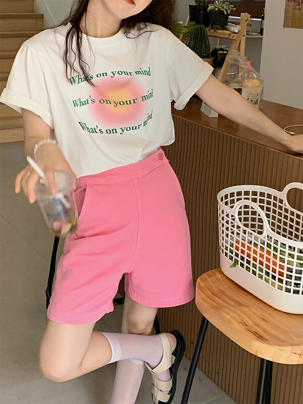 New in early summer! [dolly] Korean pink irregular zipper five point denim shorts 2007-1# LSW