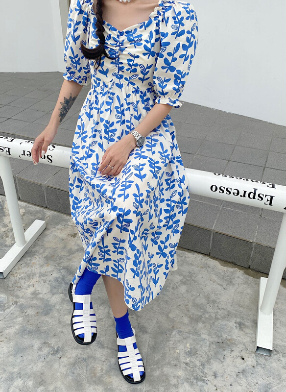 [Za] Korean version of pleated pleated pleated waistband square neck flower dress 10576# LSL