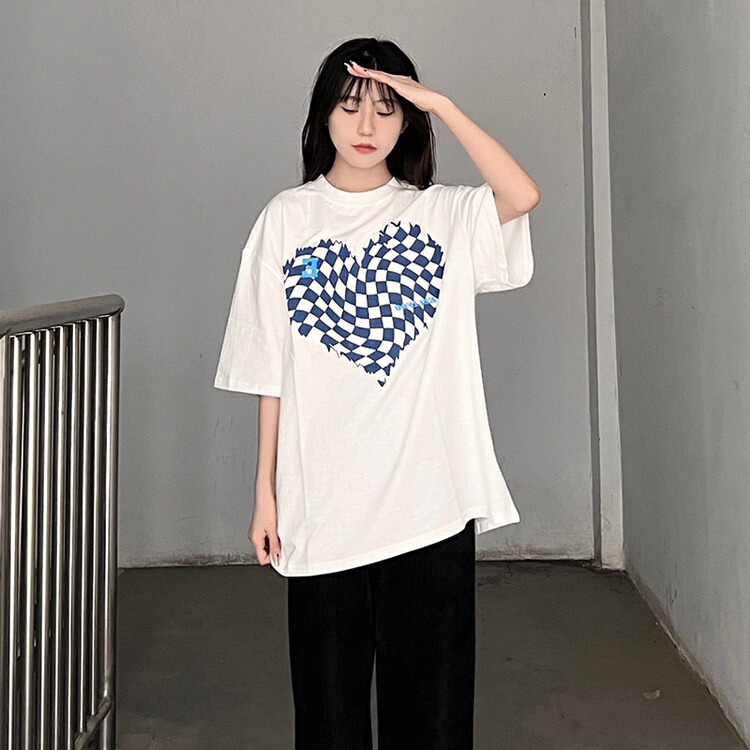 [Dake family] checkerboard love pattern loose short sleeve T-shirt 5151# ZSY