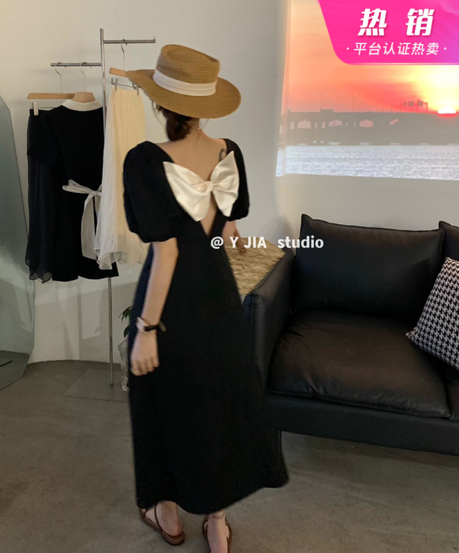 [y.jia Yijia] gentle V-neck backless bow dress (without waist chain) 8987# PCZ