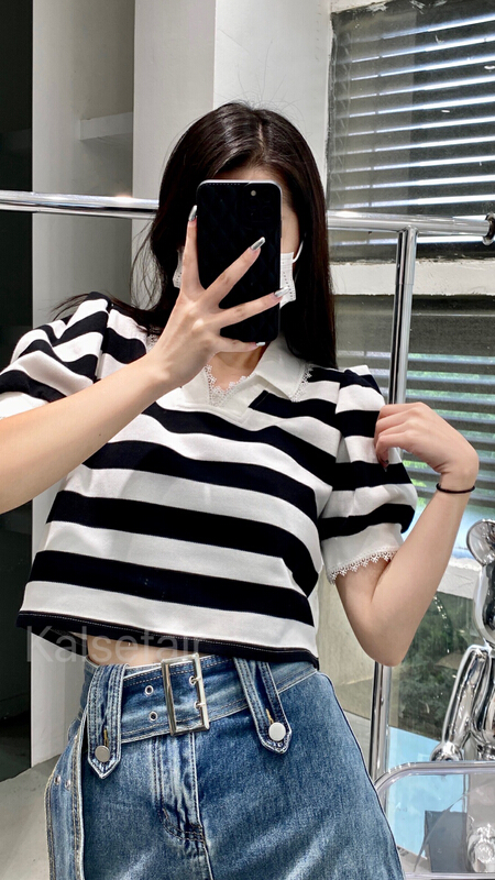 [kazefi] Polo neck stripe versatile short sleeve T-shirt t117-1# ozq