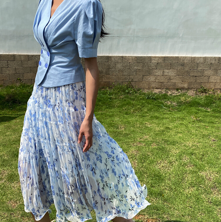 [GL] floral pleated skirt + temperament double breasted blouse set c3030# JJ