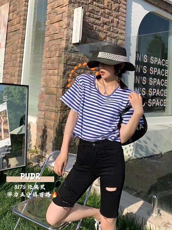 New year in early spring! [pudr] simple and versatile rubber band waist hole tight five point denim shorts p8176# XJ