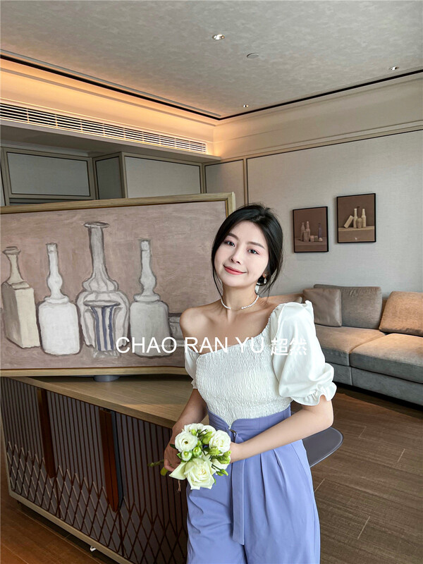 New in early summer! [Cr] temperament inclined shoulder bubble sleeve waist closing slim shirt 6100# PCZ