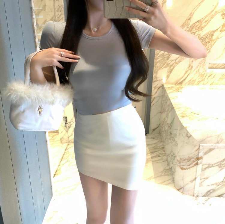 New in early summer! [wgwe] slim fitting bottomed Spice Girl Top ins trendy round neck solid color short sleeve T-shirt 1256# PCZ