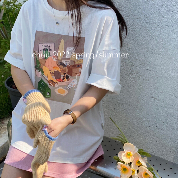 New in early summer! [chuu] Korean illustration style printed round neck short sleeve T-shirt 61138# HBx