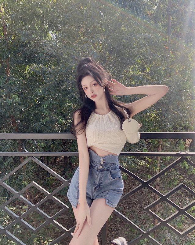 [good] high waist irregular elastic denim shorts 7529# JJ