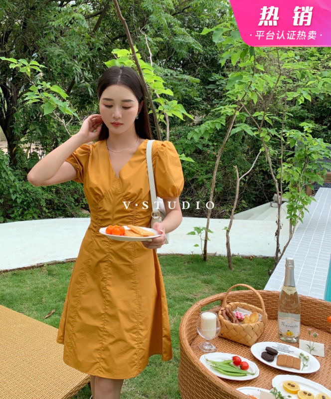 New in early summer! [JYZ] Korean bubble sleeve V-neck dress ys1-7853# L