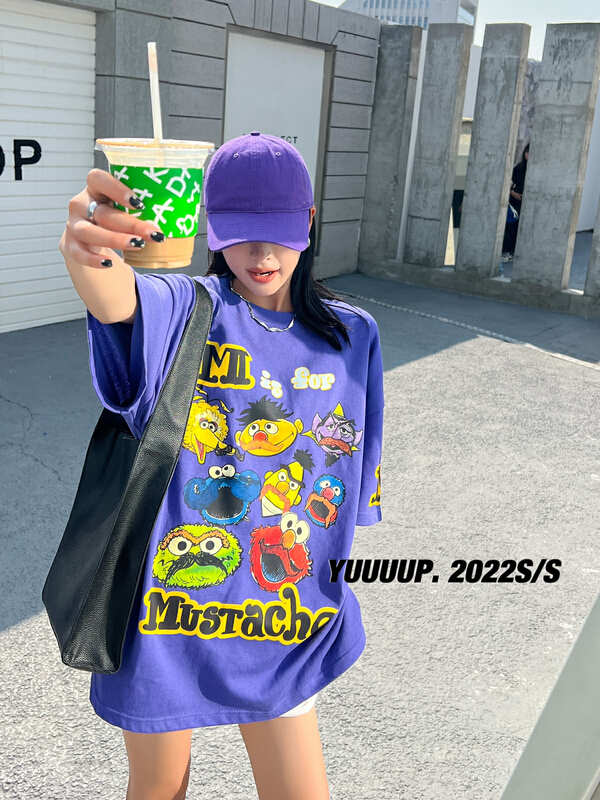 [yuup] Sesame Street Family cartoon printed short sleeve T-shirt 622069# LSL