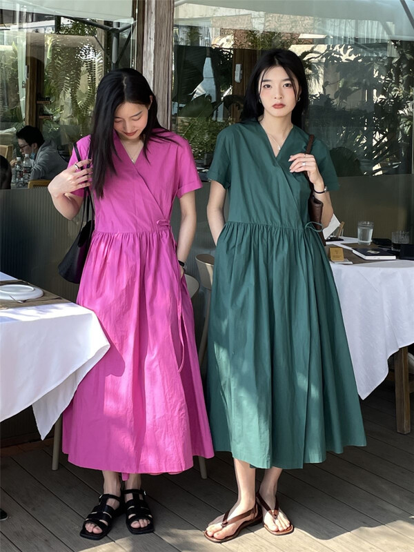 New in early summer! [clean space] Korean loose V-neck lace up dress 31233# CLS