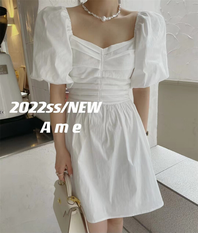 [ame] square neck slim fit bubble sleeve dress 86133# XYJ