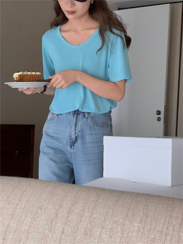 [feeding] simple solid color versatile short sleeve T-shirt 7819-d6# cqw