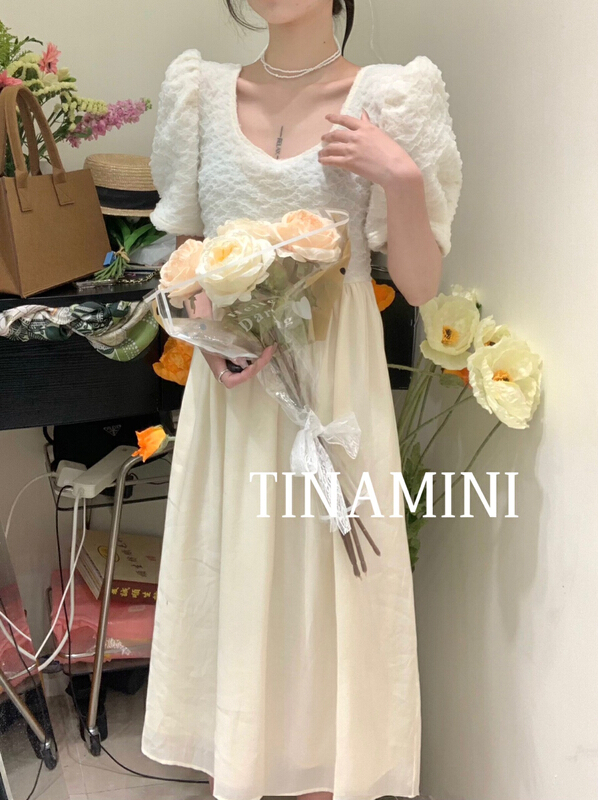 【TINAMINI】氣質質感純色泡泡袖連衣裙  M0079#  HJY