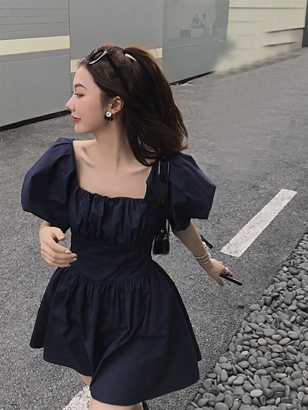 goods in stock! New in early summer! [savage] French retro bubble sleeve high waist temperament waist closing dress e6890# WPL