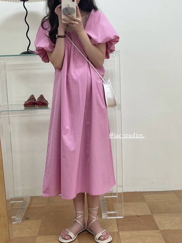 [IAC studio] lady loose bubble sleeve long skirt dress 8958# LSW