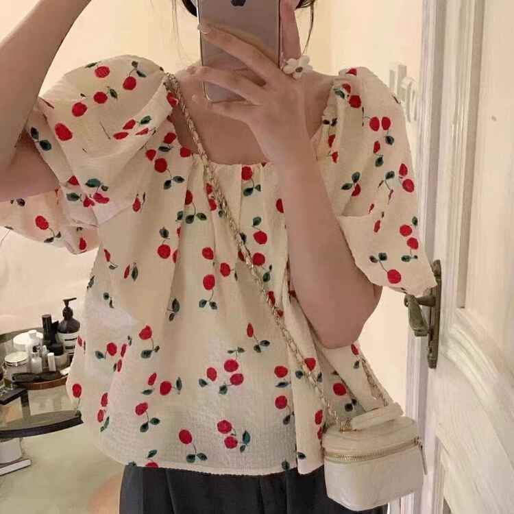 [Kiki] little feminine cherry one shoulder shirt 1291# ozq