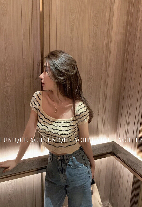 New in early summer! [Amanda] French square neck black and white stripe versatile ice silk blouse 5047# PCZ