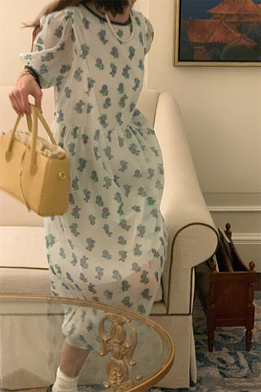 [timely rain] Han Feng ins French tea break, waist closed, thin temperament, fairy broken flowers loose, thin dress 04235# WPL