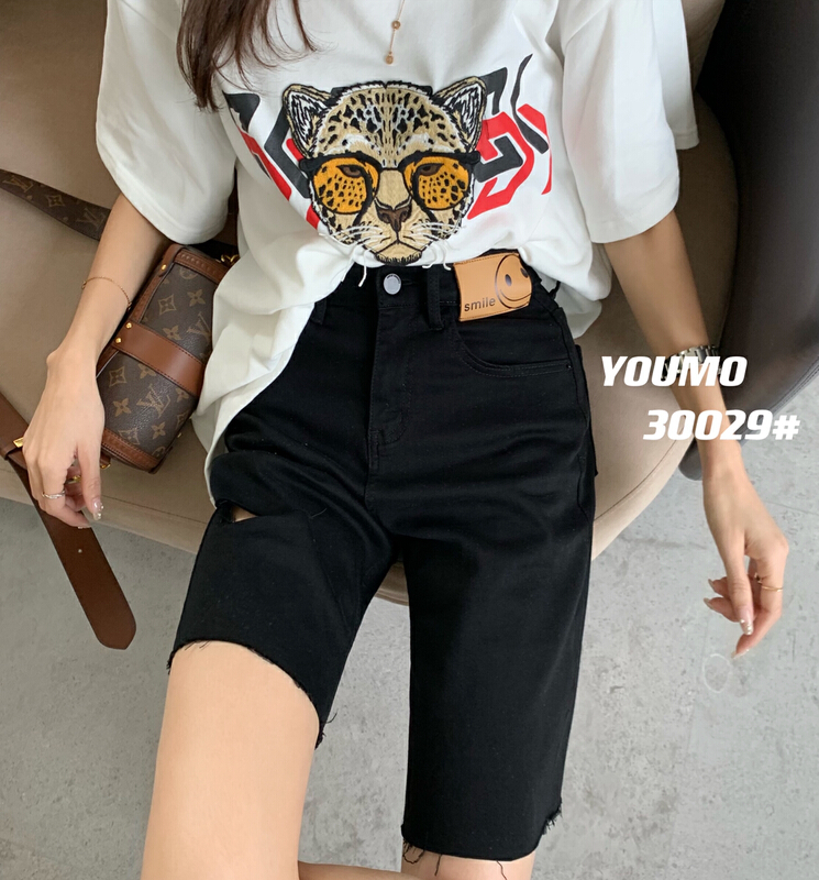 Summer new! [suxinlan] simple straight casual five point denim shorts 13158 white 30029-1 black # LSL