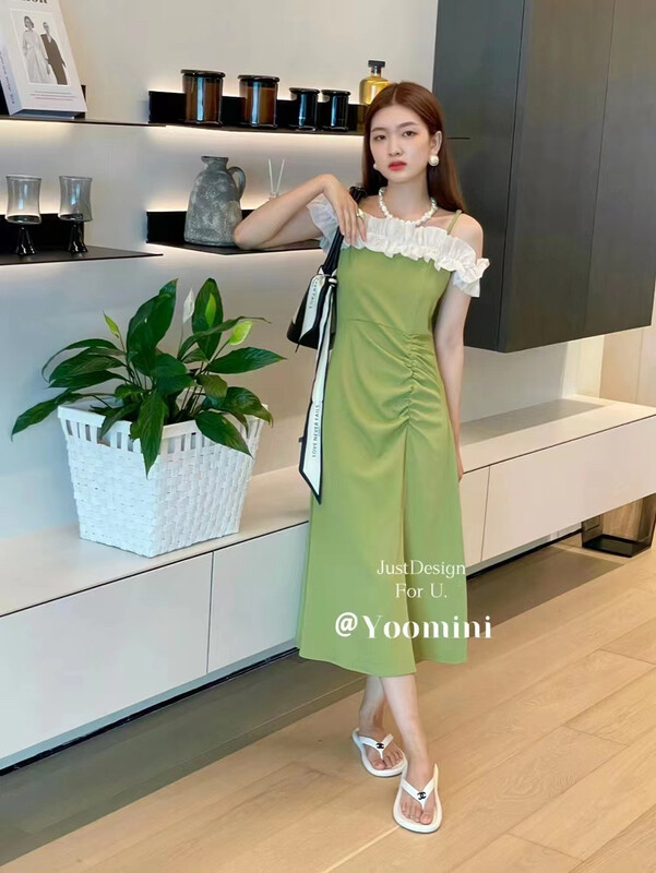 [top] Korean color blocked one-line collar suspender dress b88# ZSY
