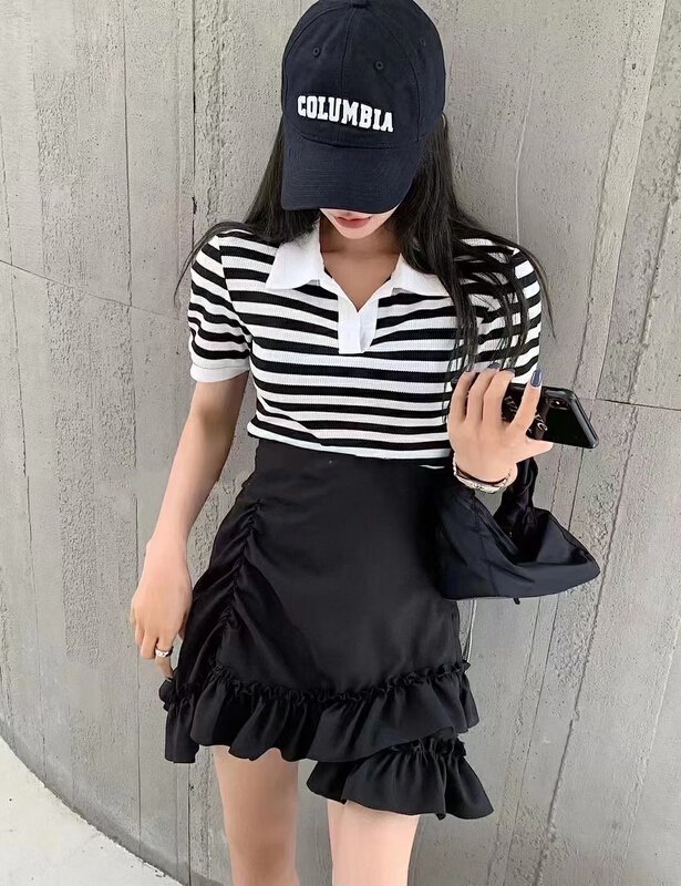 [JH] net red stripe short sleeved top + ear side skirt suit 41517# PCZ