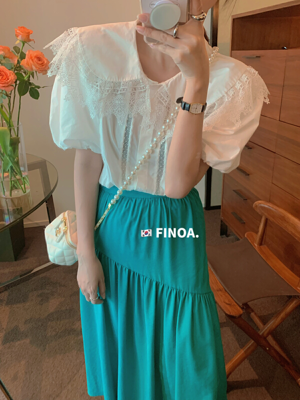 New in early summer! [finoa] Korean casual doll collar lace hook flower simple fashion shirt 10411# CLS