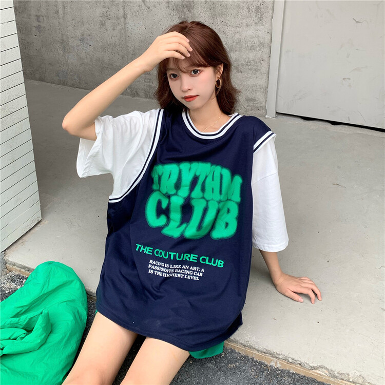 [ycnana] fake two piece lettered print trend short sleeve T-shirt 98093# LSW