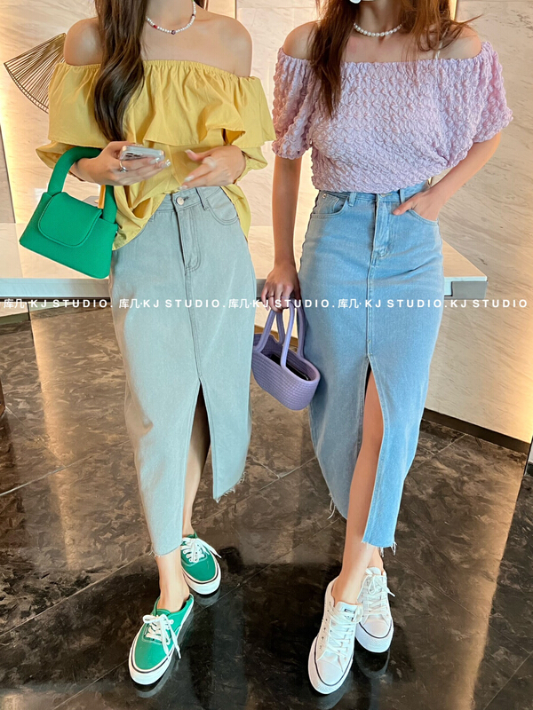 [kJ] Korean version simple front middle sexy big split denim skirt 2870# zxl