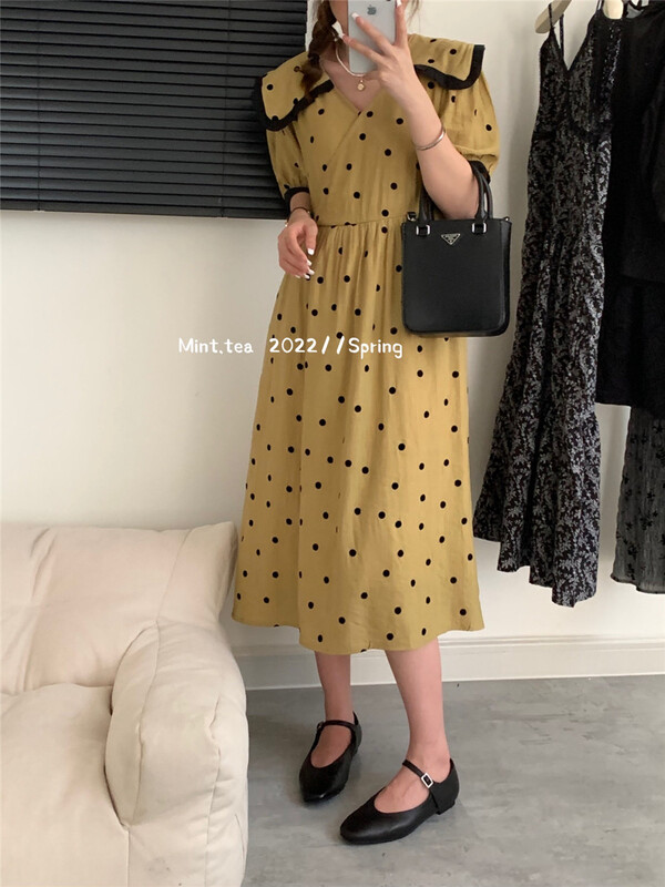 [mint tea] Korean style large lapel wave point temperament dress 22661# zjy