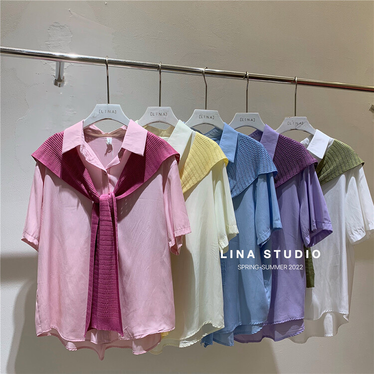 [Lina] Korean clean color short sleeved shirt (with shawl) 8952# zxx