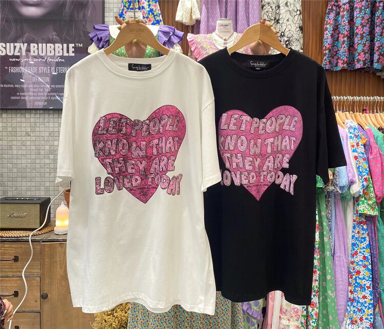 [N21] Korean loose love print medium long short sleeve T-shirt 8725# WPL