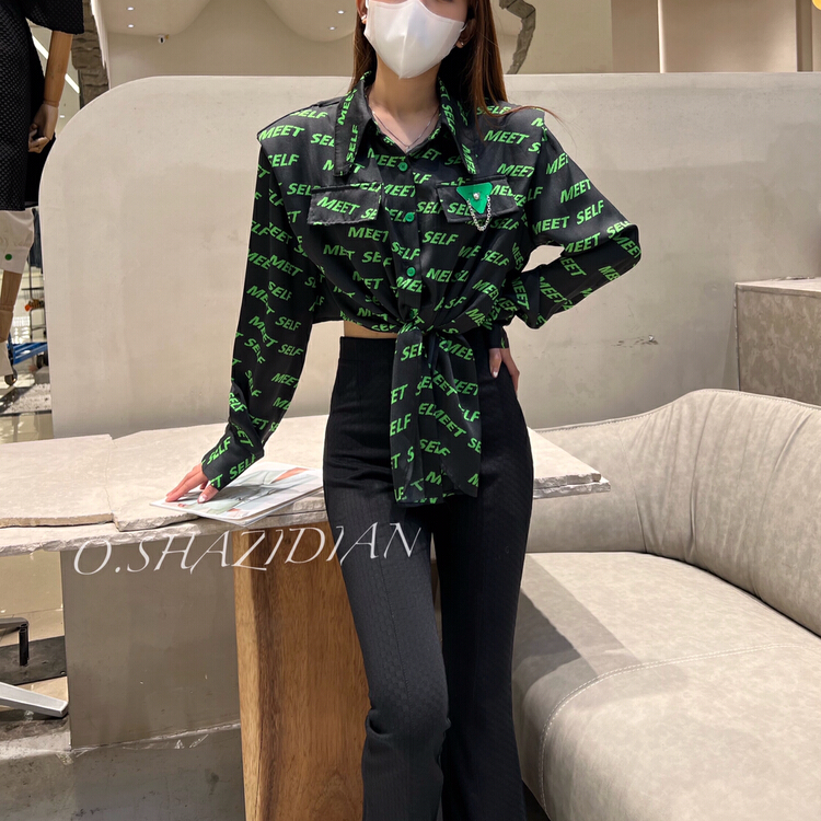 [o.shazidian] Korean fashionable letter printed shoulder pad shirt 1320# CSX