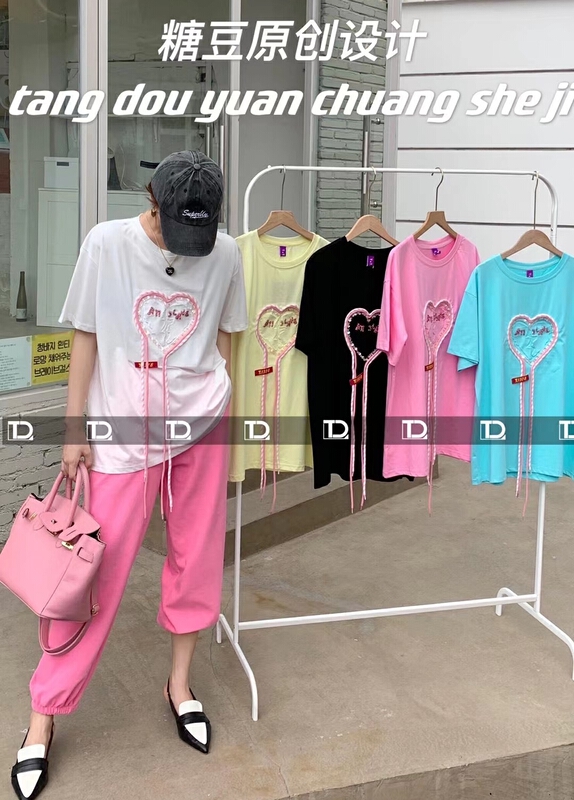 New in early summer! [tangdou original] Sequin love rope loose short sleeve T-shirt 9512# WTT