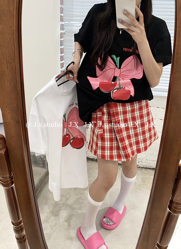 [JX] Korean round neck bow small cherry print short sleeve T-shirt t1069# WTT
