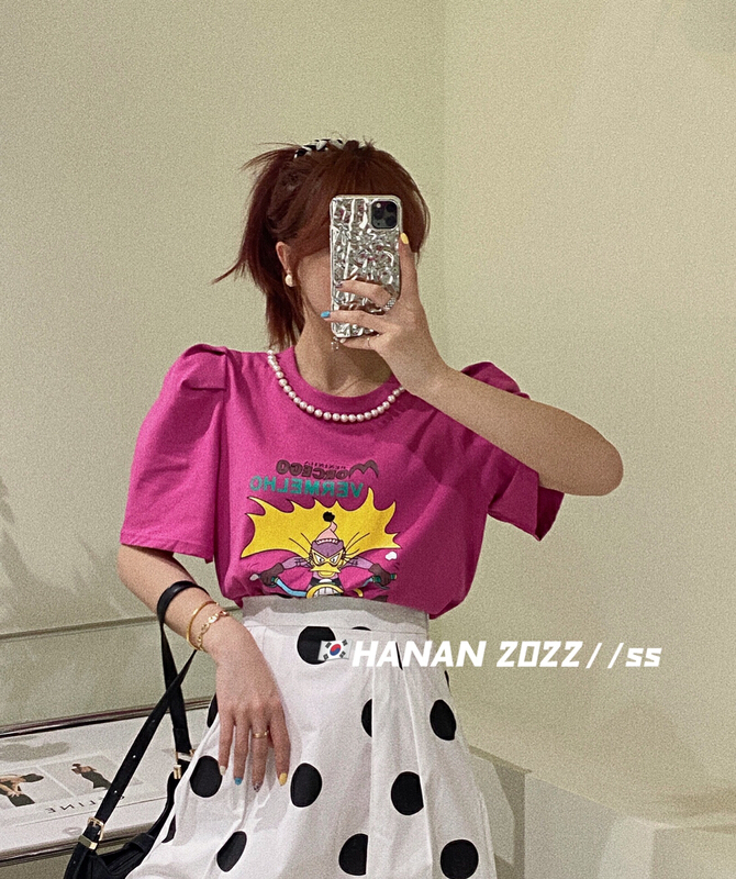 New in early summer! [Hanan] Korean version of versatile heavy industry pearl short sleeve T-shirt (decoration can not be removed) 6971# LSL