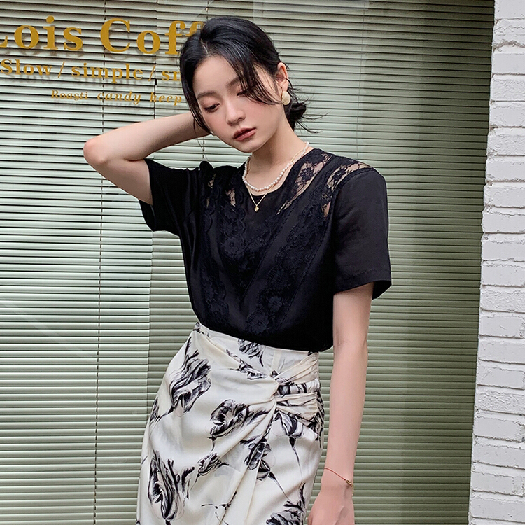 [Hanna Hanna] elegant temperament lace slim loose short sleeve T-shirt m10030# XJ