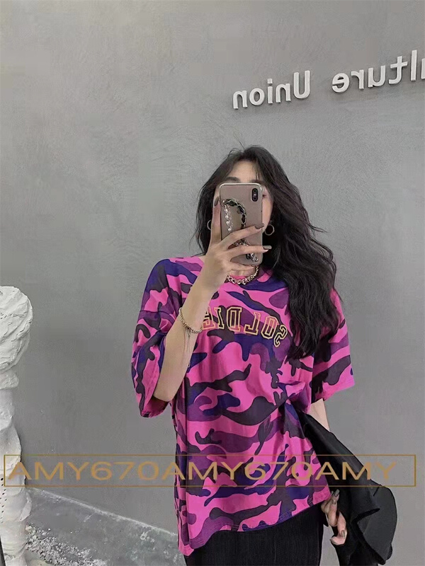 New in early summer! [Amy] niche design versatile round neck Letter Camouflage short sleeve T-shirt 893# WTT