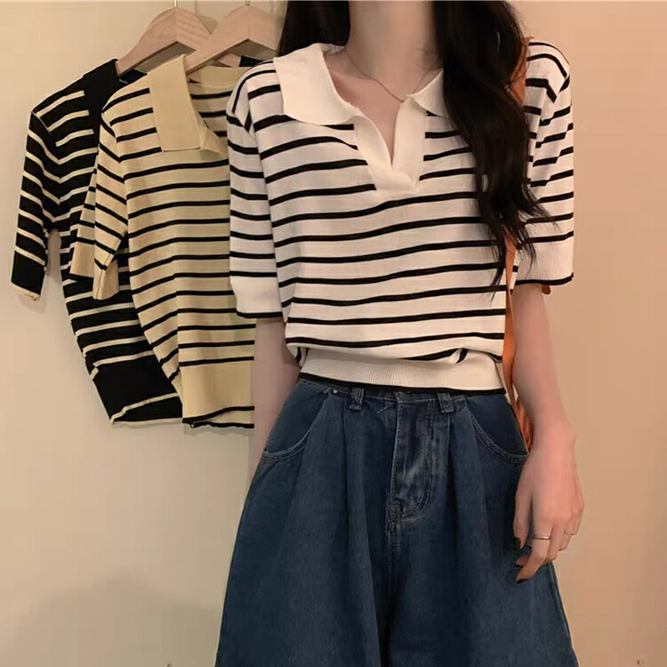 [fat man's family] simple and versatile Striped Polo neck short sweater 81018# HBx