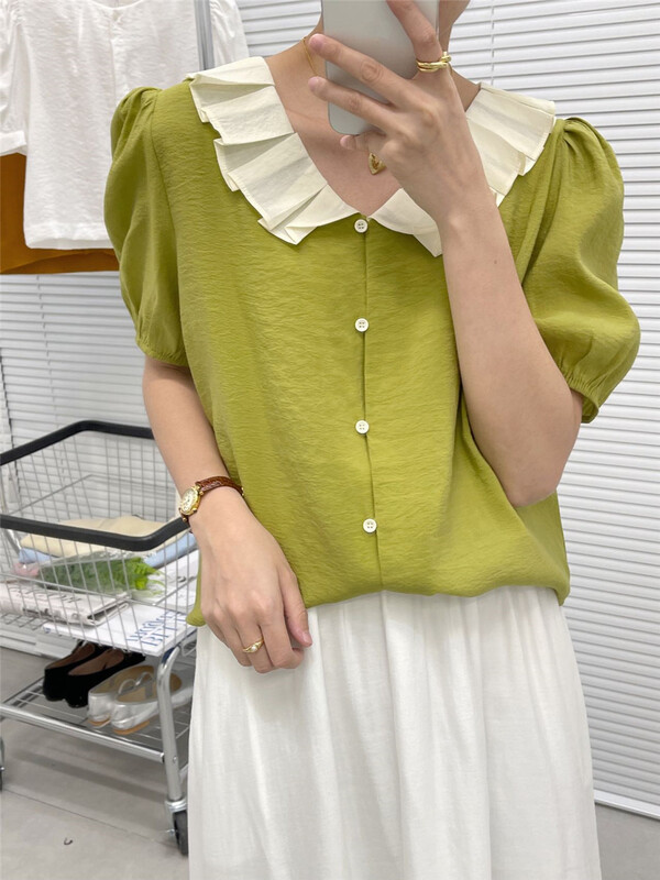 【NEW POST】韓系撞色荷葉領排扣泡泡袖小衫  NP3363-C2#  CQW