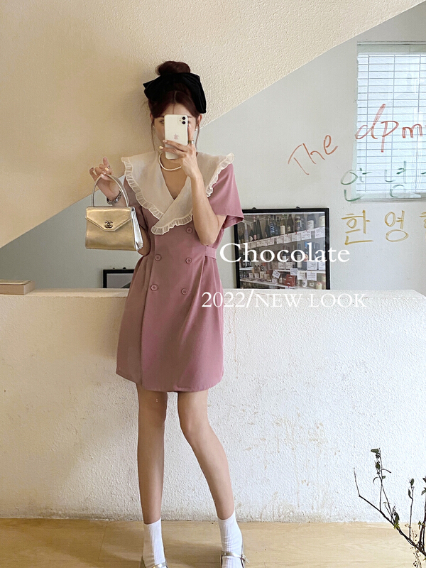 [chocolate] Korean large lapel loose lace up dress (with belt) 28081# ll
