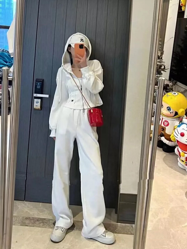 New year in early spring! [JH] embroidered hooded slim fit jacket + high waist casual pants set 40940# hjy
