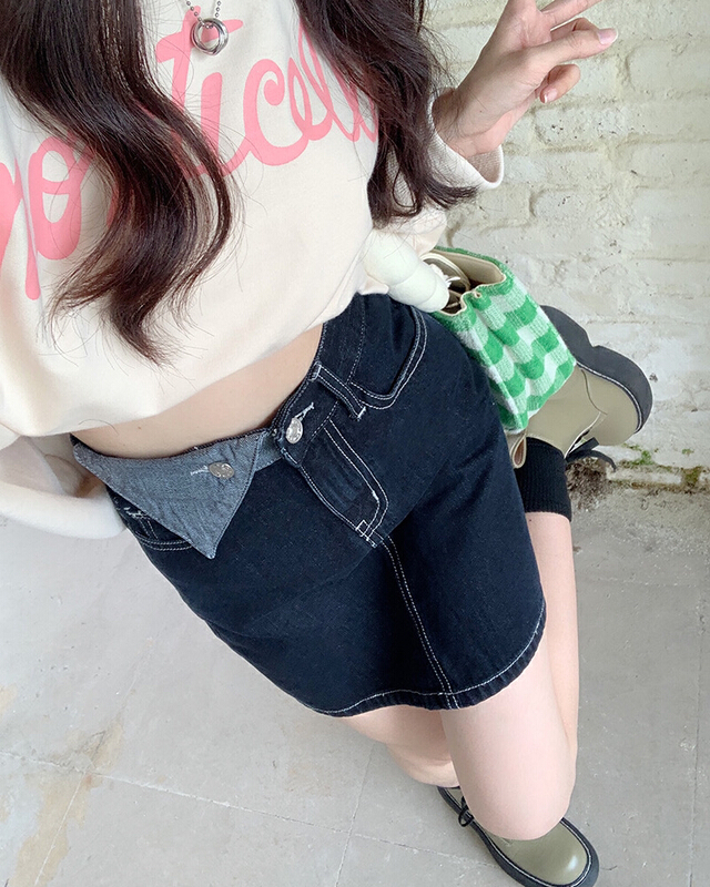 [four seasons] contrast color Retro High Waist thin denim skirt 2902# LSL