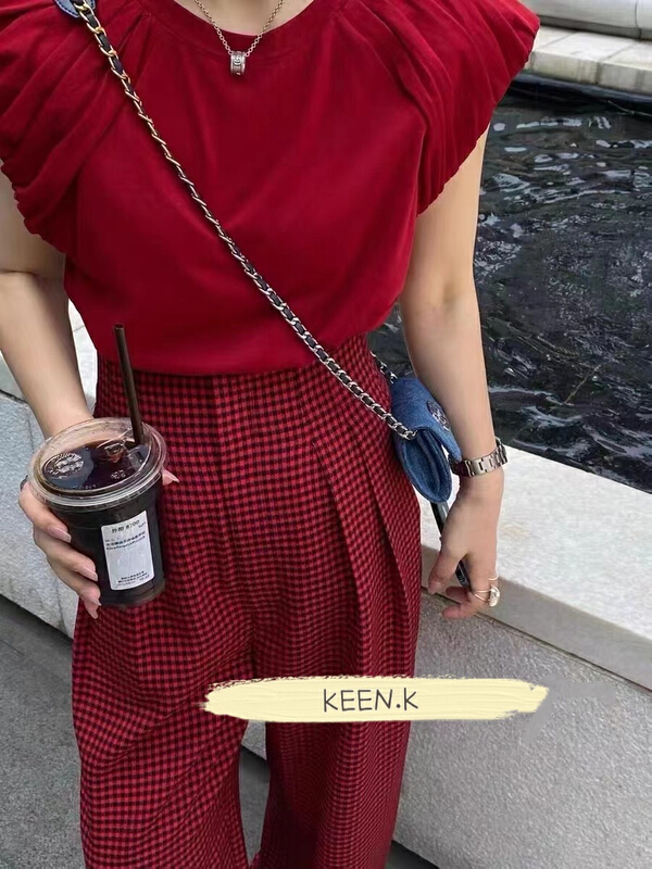 [keen k] pleated shoulder pad sleeveless short sleeve T-shirt t34# WTT